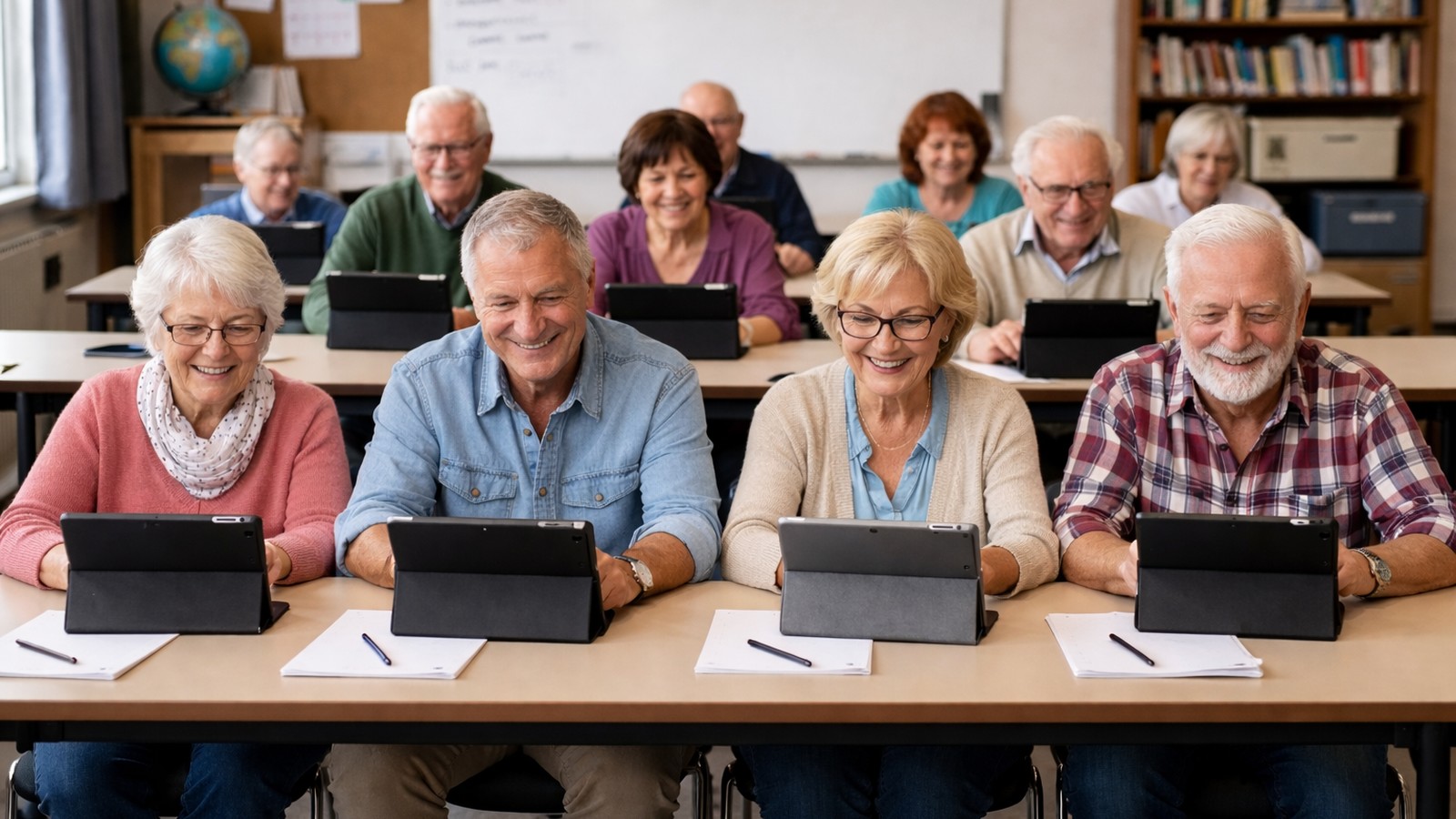 Ein KI-generiertes Bild einer lernenden Gruppe älterer Personen