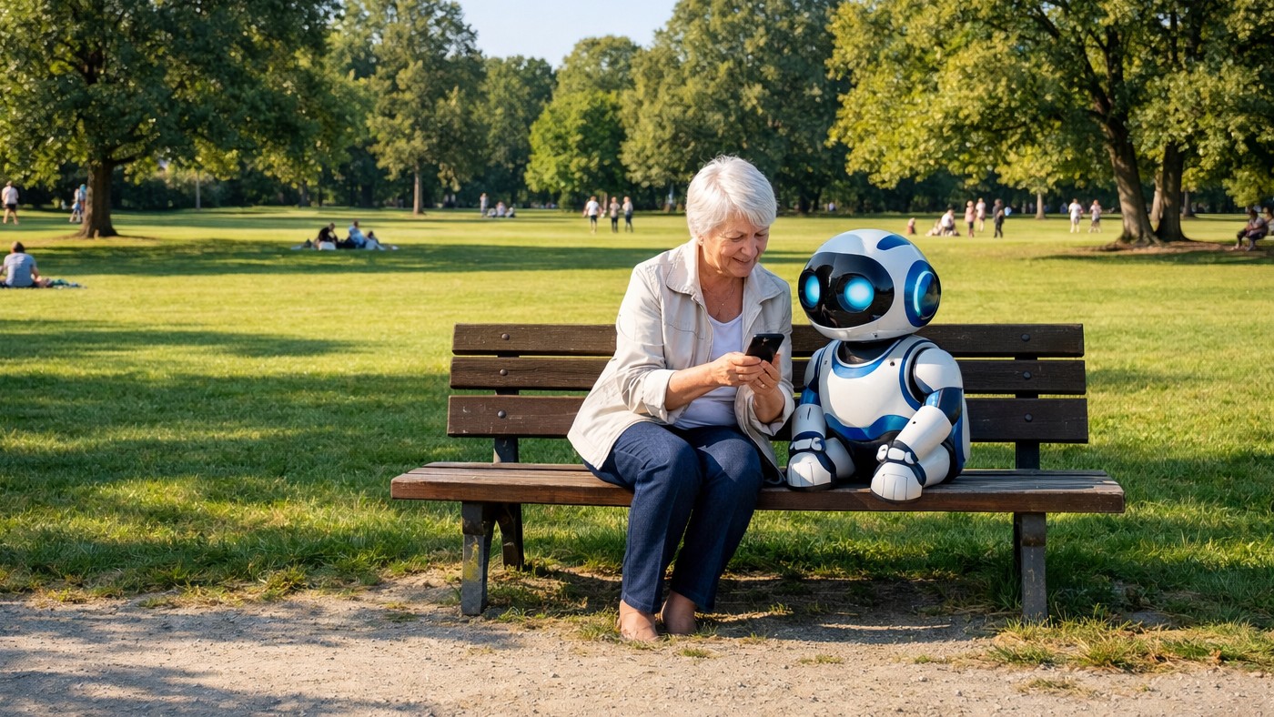 Ein KI-generiertes Bild einer älteren Frau, die sich auf einer Parkbank mit einem Roboter unterhält